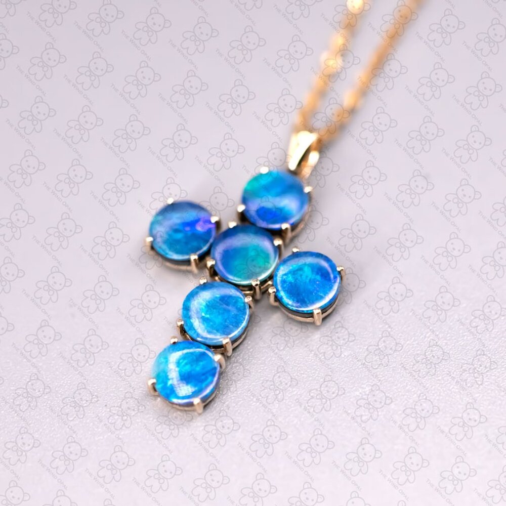 Cross Pendant Australian Doublet Opal Necklace 14K Yellow Gold